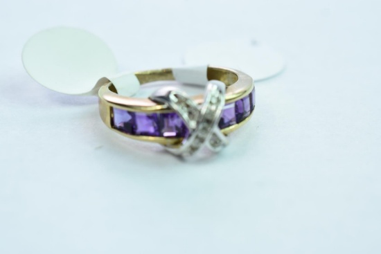 14 KT GOLD & DIAMOND RING WITH PURPLE STONES, 2.4 GTW, $229.00 RETAIL VALUE ,SIZE 4 3/4