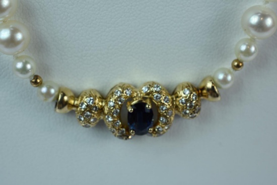 14KT GOLD PEARL SHAPPHIRE DIAMOND NECKLACE $2895.00 RETAIL VALUE,