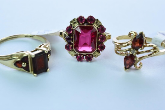3- 10KT GOLD RINGS COLOR STONES 10.9 GTW, $850.00 RETAIL VALUE, SIZE 6, 8 1/2 & 10