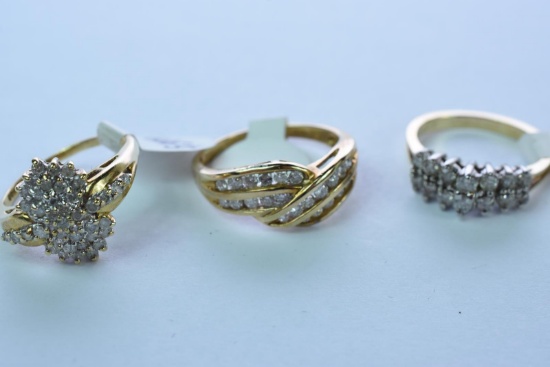 3- 10KT GOLD & DIAMOND RINGS 8.5 GTW, $1400.00 RETAIL VALUE, SIZE 5, 5 1/2 & 6 1/2