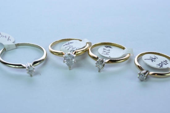 4-14KT GOLD & DIAMOND SOLITAIRE RINGS 7 GTW, $900.00 RETAIL VALUE,