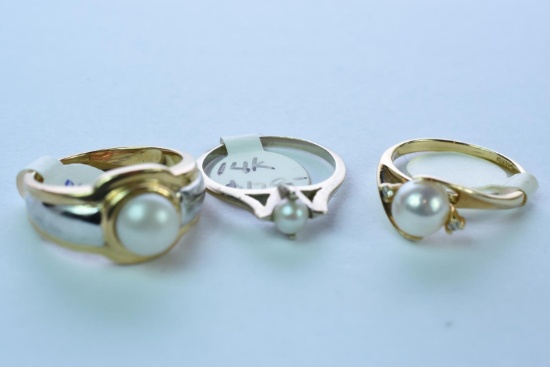 3-14KT GOLD & PEARL RINGS 11.8 GTW, $1000.00 RETAIL VALUE,