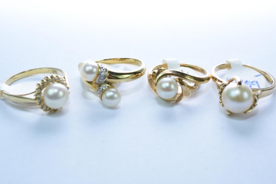 4-14KT PEARL RINGS 12 GTW, $1200.00 RETAIL VALUE,