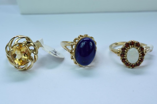 3-14KT GOLD RINGS  COLOR STONES 11 GTW, $1500.00 RETAIL VALUE,
