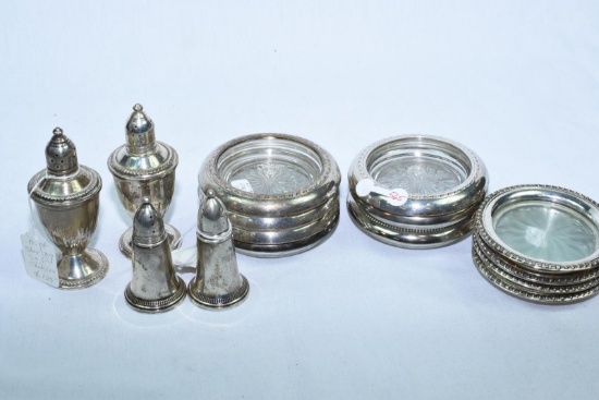 14 PC MISC WEIGHTED STERLING COASTERS & SALT & PEPPERS, AS IS WITH DINGS & SCRATCHES