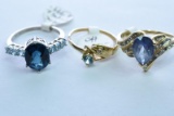 3-10KT GOLD RINGS WITH BLUE STONES 8.2 GTW, $800.00 RETAIL VALUE, SIZE 7, 7 1/2 & 9