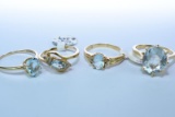 4 - 14 KT GOLD AQUA MARINE RINGS 10.8 GTW