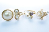 4-14KT PEARL RINGS 13.5 GTW, $1200.00 RETAIL VALUE,