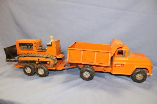 BUDDY L DUMP TRUCK, TRAILER & DOZIER, 25 IN LONG