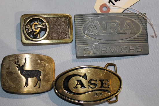 4 BELT BUCKELS, CASE, CAT 9, STAG, ARA SERVICES