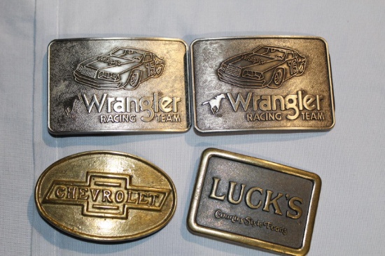 4 BELT BUCKELS, LUCKS, CHEVROLET, & 2 WRANGLER