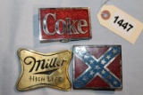3 BELT BUCKELS, MILLER, COKE, STARS & BAR