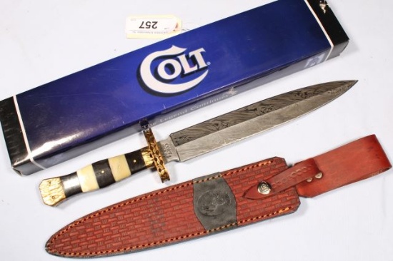 COLT DAMASCUS STEEL 10 IN FIXED BLADE KNIFE WITH