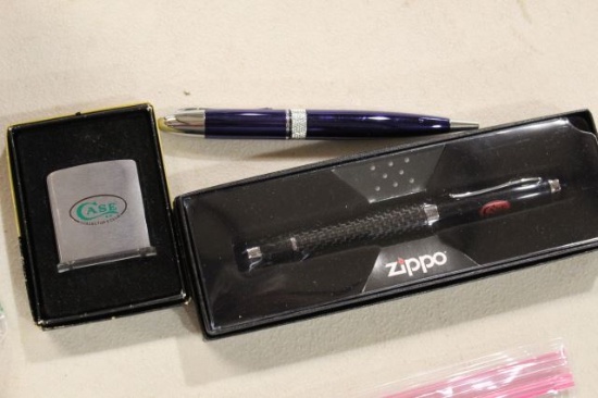 3 PC CASE ZIPPO MAGNIFIER & 2 CASE ZIPPO PENS