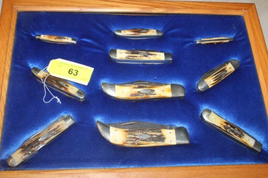 SET OF 10 CASE BLUE SCROLL KNIVES IN DISPLAY CASE