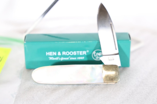 HEN AND ROOSTER MOTHER OF PEARL KNIFE WITH BOX