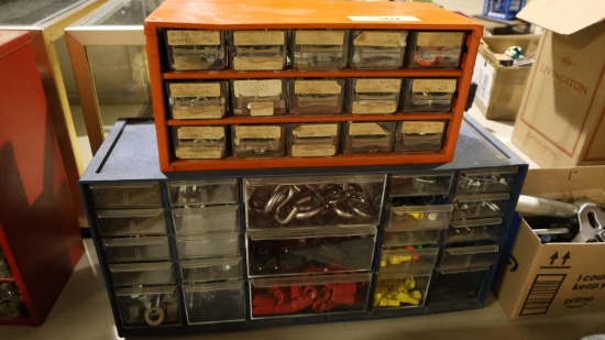 2 BINS (BLUE & ORANGE) WITH S HOOKS, BOLTS,