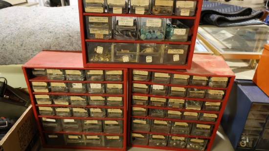 3 RED BINS WITH ASSORTED SCREWS & MORE
