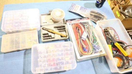 BOX OF WIRING TOOLS, WIRE & CONNECTORS