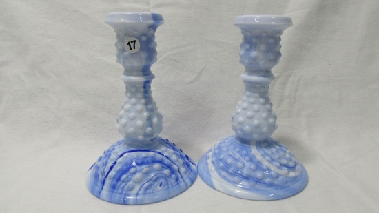 Pair Fenton blue marble slag 6" candlesticks