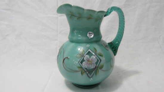 Fenton hand painted 6" pitcher, green cased
