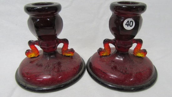 Pair ruby red Double Dolphin 3" candleholders