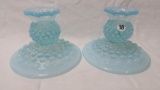 Pair Fenton blue opal Hobnail candlesholders