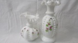 2 Fenton Violets in Snow vases, tallest 8