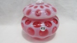 Fenton cran opal coin dot dresser jar