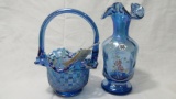 Fenton blue carnival basket nad vase