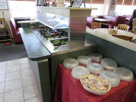 refrigerated 72" salad bar on casters with sneeze guard comes with surrounding formica wall
