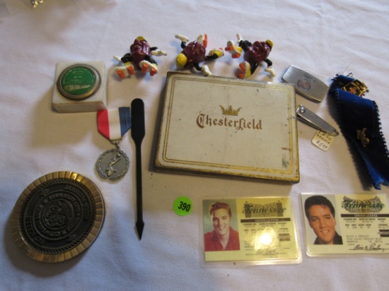 Goup of mixed small collectibles including Chesterfield cigarette tin, RA Hill tobacco nail clippers