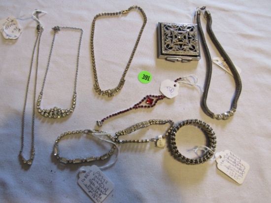 Rhinestone costume jewelry, some vintage - necklaces, bracelets & compact