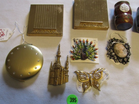 Grouping of - 4 brooches, 3 compacts & 2 enameled miniature boxes/jars