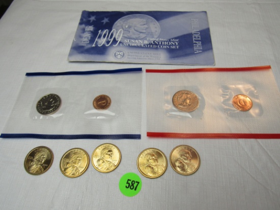 Collection of 1999 Susan B Anthony uncirrculated coin set & 5-Sacagawea golden dollars