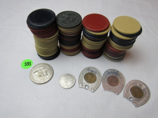 Collection of 84 vintage poker chips, $1 slot machine token from the Pioneer Club and 3 lucky pennie