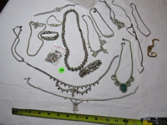 Costume jewelry collection of 10 rhinestone necklaces, 6 bracelets