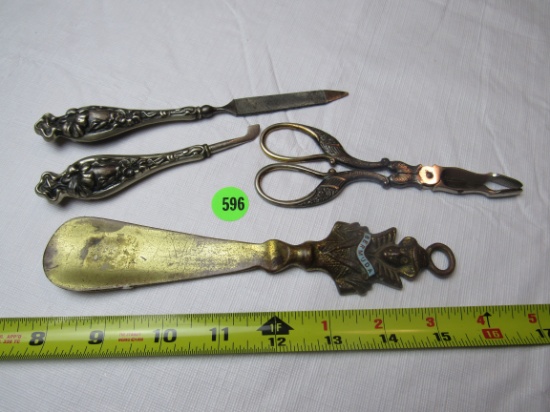 Ornate silver plate nail file and nail cleaner, grooming scissors, brass shoe horn