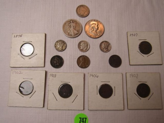 Mixed old coins - Walking Liberty - 1951 Franklin half - 2 Mercury dimes -