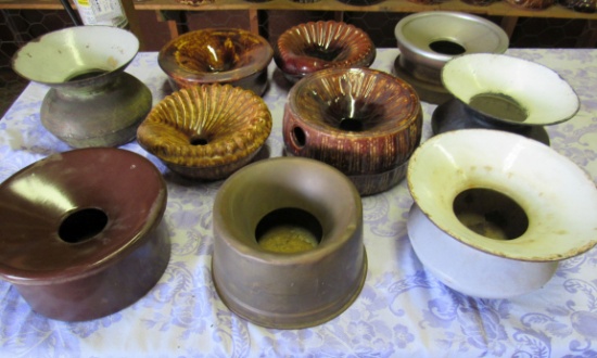 vintage spittoons cuspidors (1) porcelainware, (1) nickle plated brass, (1) brass, (4) ceramic, (3)