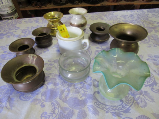 small desk top cuspidors (1) porcelainware, (2) glass, (1) china, (6) brass
