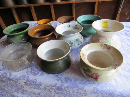 vintage spittoons (8) ceramic pottery, (1) glass, (1) brass