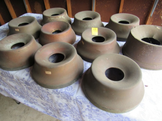 vintage spittoons molded covers that use porcelainware bowls under (missing) (9) cast iron, (1) tin.