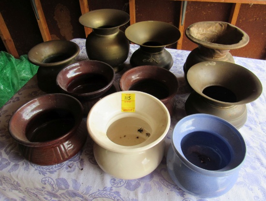 vintage spittoons (5) brass, (5) ceramic pottery