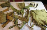 mixed military gear - canvas back pack, bags, shoulder straps, (2) canteens on belts