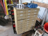 Small parts plastic bins with rack and steel small parts cabinet including fasteners, drills, and sm