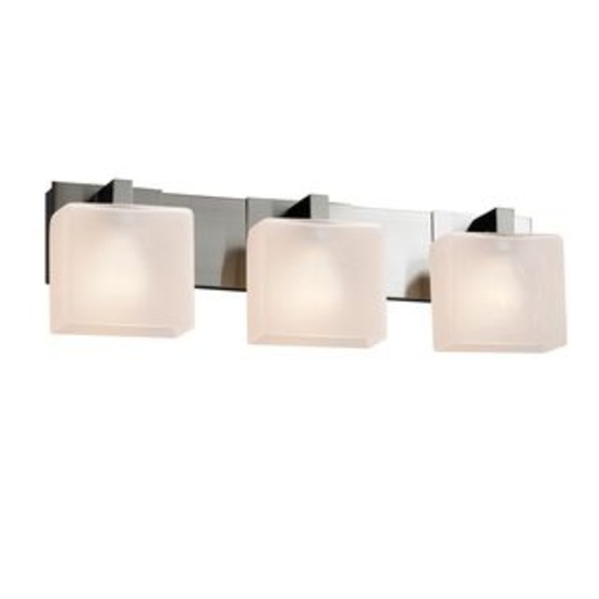 Justice Design 3 light polished nickel vanity with frosted rectangular glass shades packed in origin