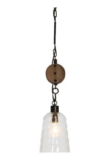 Creative Co-Op 7" Round Glass Hanging Pendant Lamp with Wood Pulley #DA4991