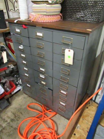 30 drawer steel cabinet  for small parts  31 wide by 41 inches high 16.5 inches deep on casters