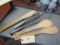 group of wood ladles (3) and stainless whisk (2)